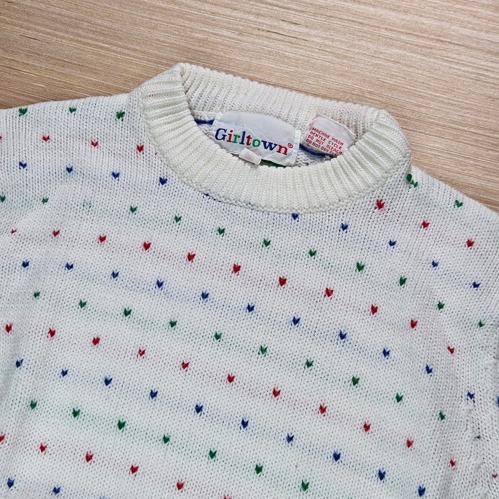 Vintage 80s 90 Girltown Kids Sweater Girls 6X White Heart Print Knit Long Sleeve